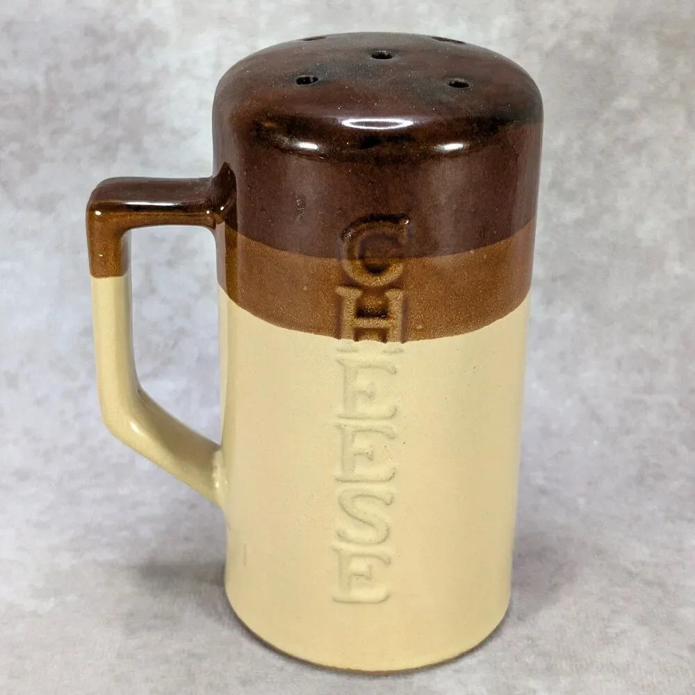 Vintage Ceramic Cheese Shaker Dispenser Two Tone Brown Tan Retro Pizzeria Handle